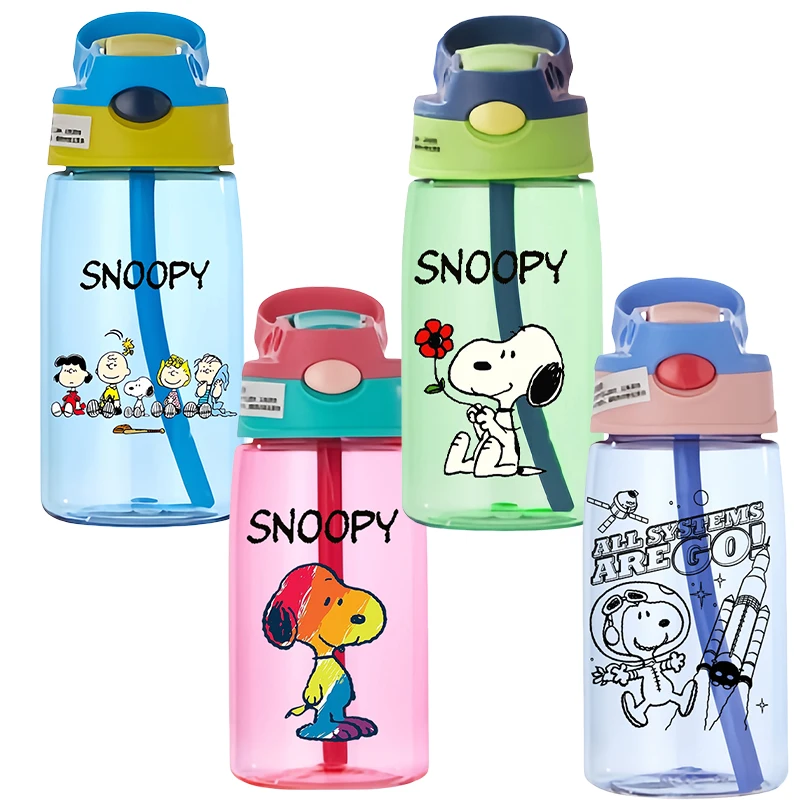 480ml Snoopy Anime New Portable Water Bottle with Straw Kawaii Children Creative Sports Leak-proof Plastic Drinking Cup Gift Toy