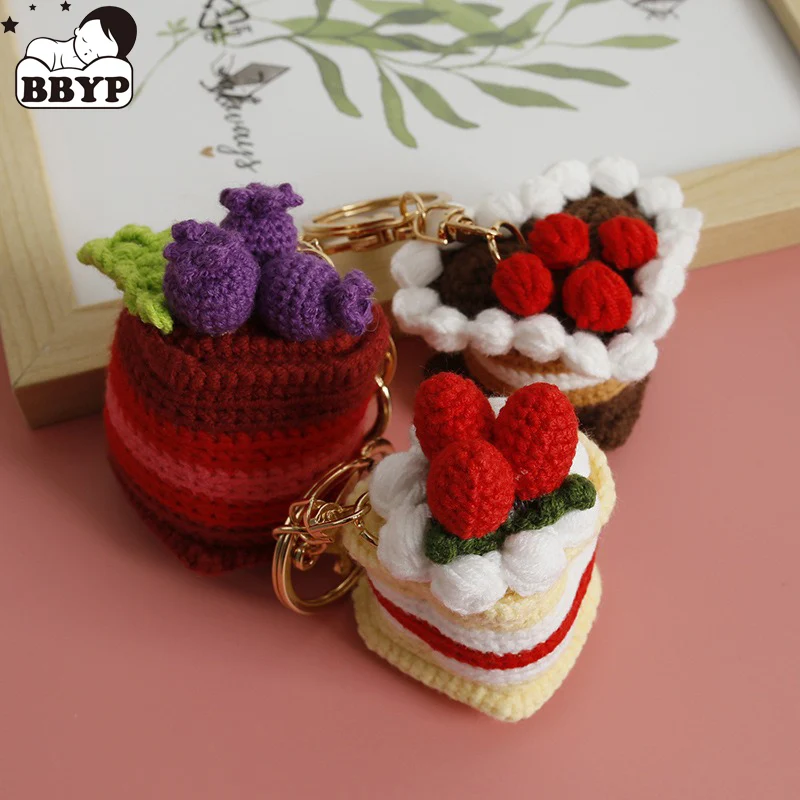 Hand Knitting Amigurumi Crochet Mini Stuffed Doll Keychains Handmade Mini Crochet Heart shaped fruit cream keychain Gift