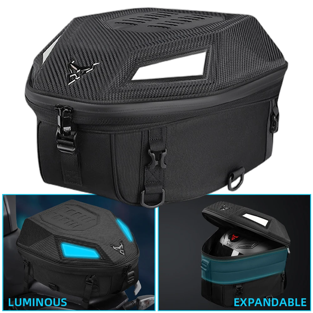 

LED Luminous Motorcycle Back Seat Bag Waterproof Helmet Bag Top Hard Shell Travel Storage Luggage Rider Backpack & Raincover