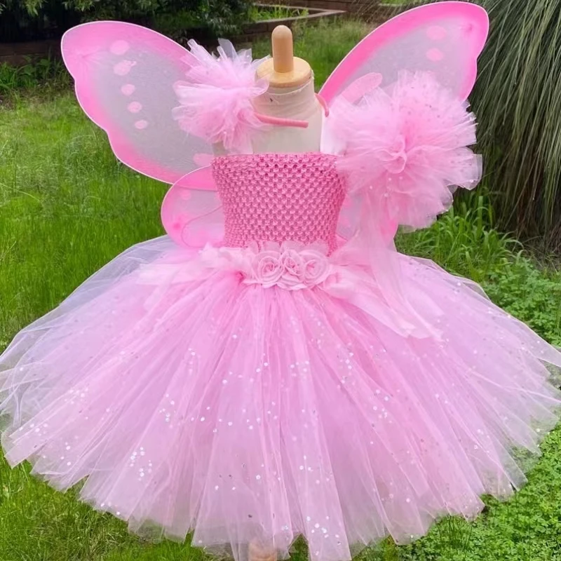 Fairy Cosplay Tutu Dress with Wing Set for Children Birthday Party Photograph Girls Baby Fairy Cosplay Hot Pink Tutu Dress