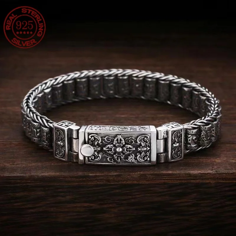 S925 Sterling silver six-word truth men's overbearing retro national style woven bracelet men's and women's personalized jewelry