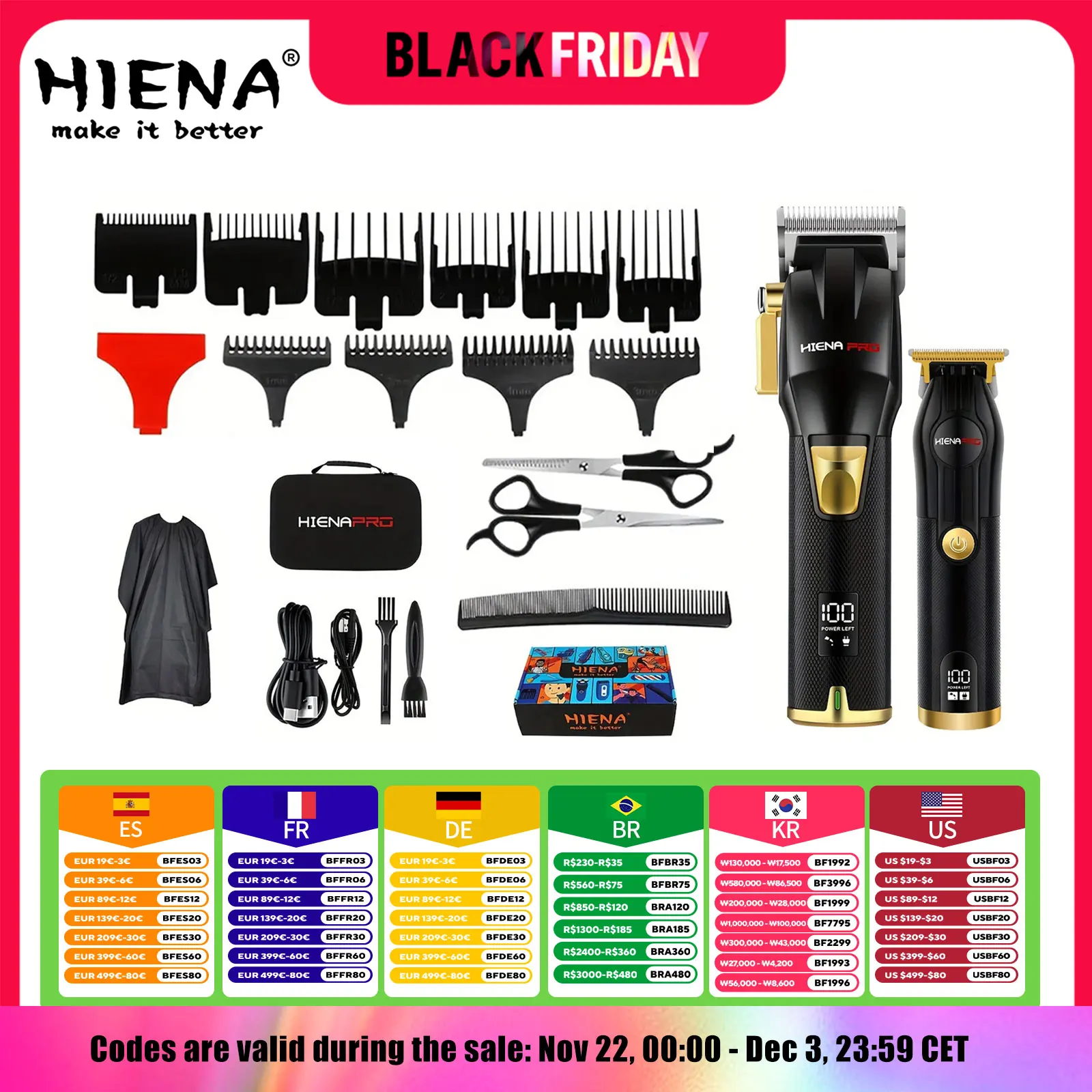 Professional Hair Clipper Set for Men, Rechargeable Hair Trimmer with LCD Digital Display, Electric Clipper, Black and Gold