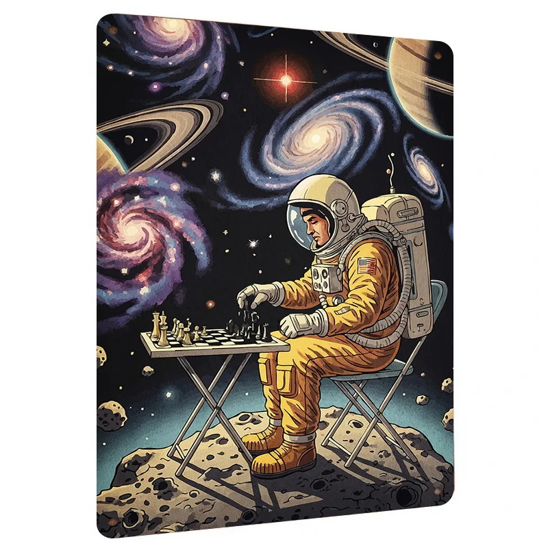 Astronaut Playing Chess in Space Metal Wall Art Cosmic Galaxy Decor for Living Room Study Room