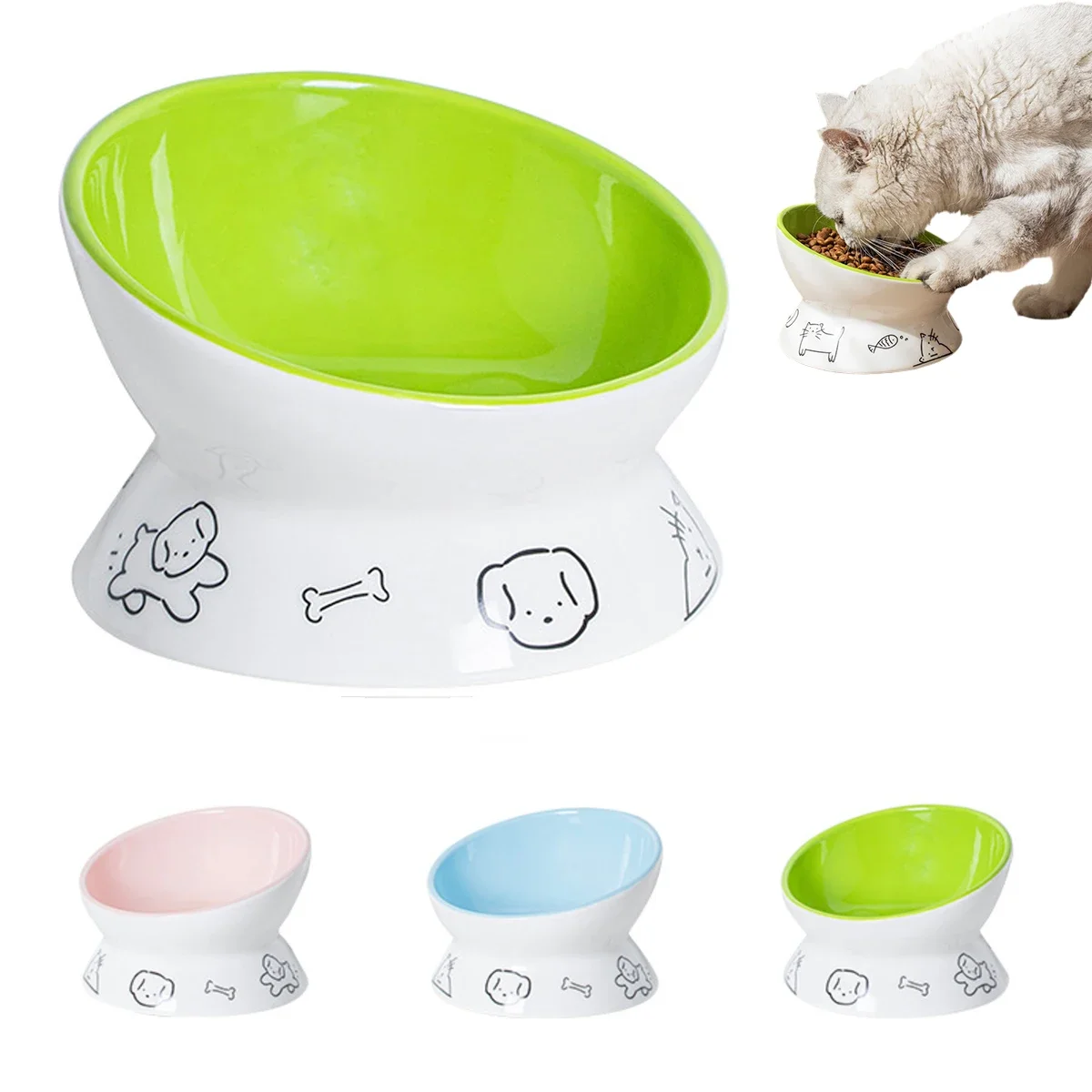 

2 in 1 Cute Anti-rollover Ceramic Cat Bowl Pet High Foot Slanted Neck Guard Feed Dispenser for Puppy Drinker for Cats Accessory