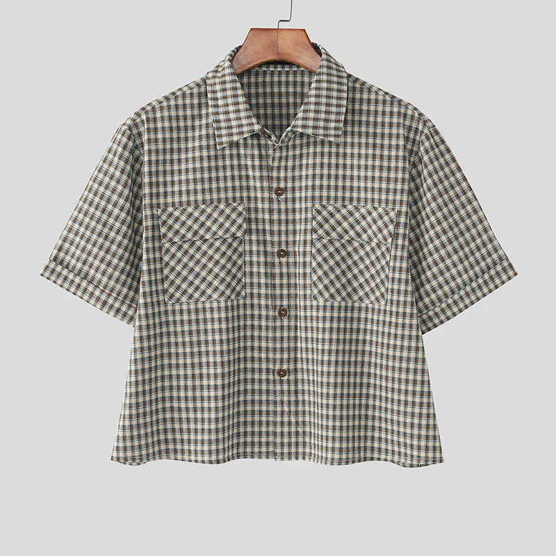 

INCERUN Men Plaid Shirt Lapel Short Sleeve Pockets Korean Style Men Clothing Summer Loose 2025 Streetwear Causal Male Crop Tops