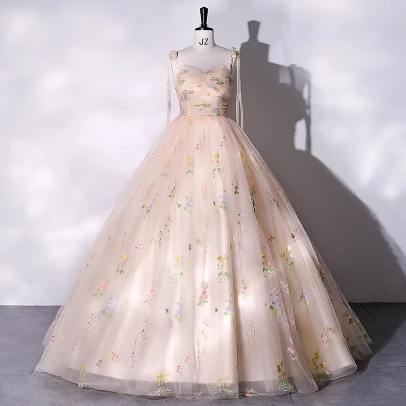 Fashion Spaghetti Strap Quinceanera New Champagne Colorful Floral Tulle Ball Gown Simple Sweet Fairy Vestido Baile Customized