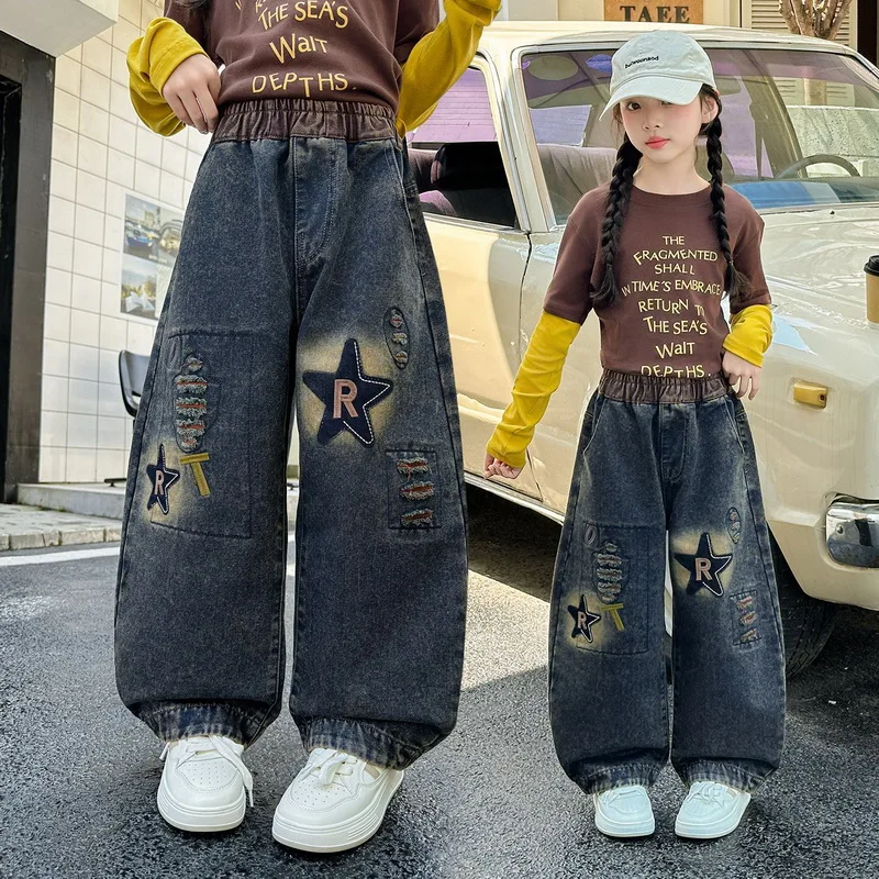 Girls Trendy Cool Retro Curved Jeans with Patch Embroidery Design Autumn New Children's  Denim Pants Kids Trousers Age 4-15Y