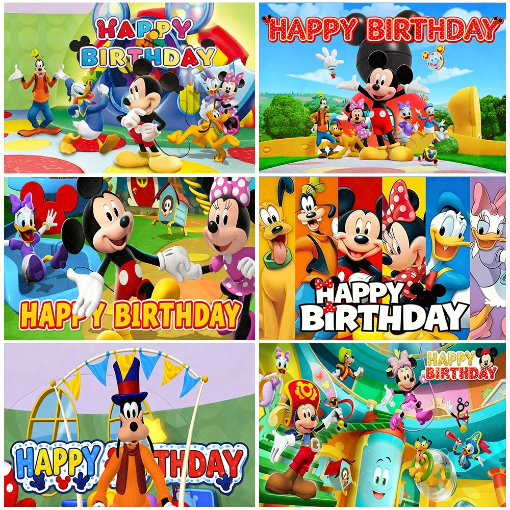 

Disney Mickey Minnie Mouse Cartoon Style Birthday Background Cloth Child Birthday Party Decoration Donald Duck Backdrop Supplies