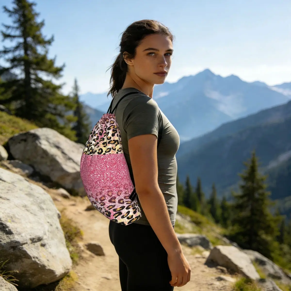 Bubble Gum Pink Faux Glitter Leopard Animal Print Backpacks Fashion Drawstring Bundle Pocket Sports Bag Book Bags
