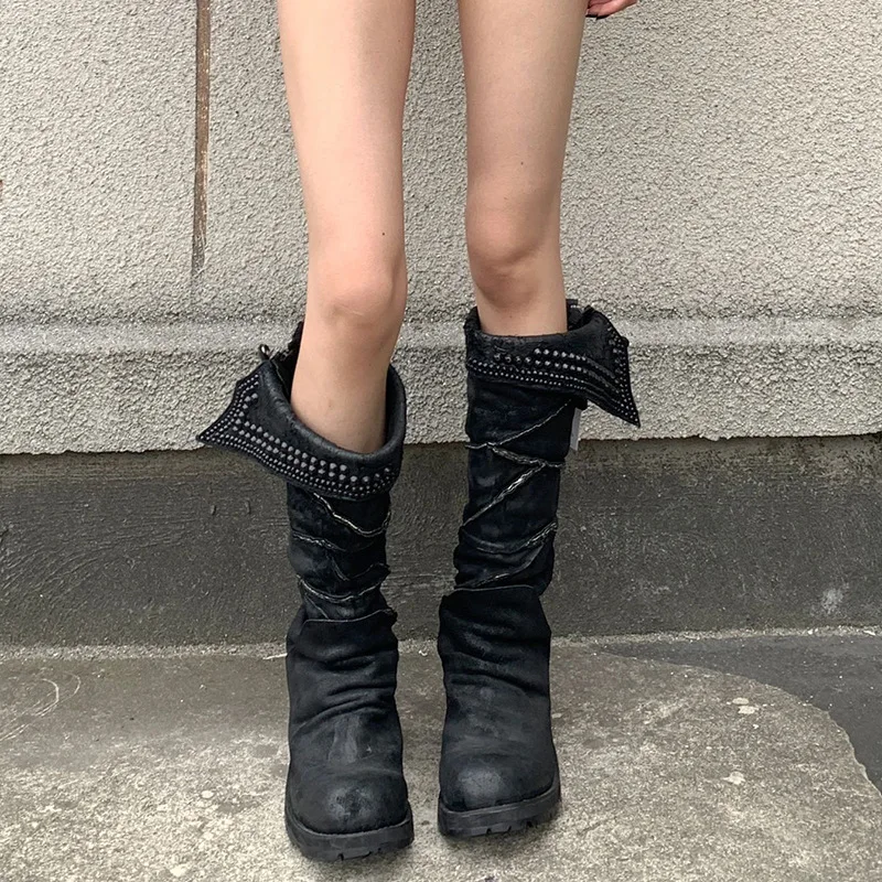 Vintage Punk Slouchy Mid‑Calf Boots Women Distressed Leather Rivet Decor Block Heel Festival Footwear