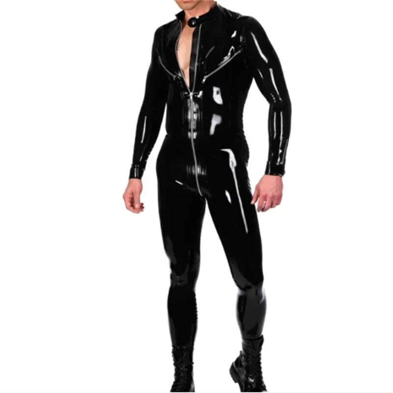 Fashion Gummi Black Men's Latex Rubber Catsuit Rubber Bodysuit with Front Zip Side Zip for Men ( No Gloves)