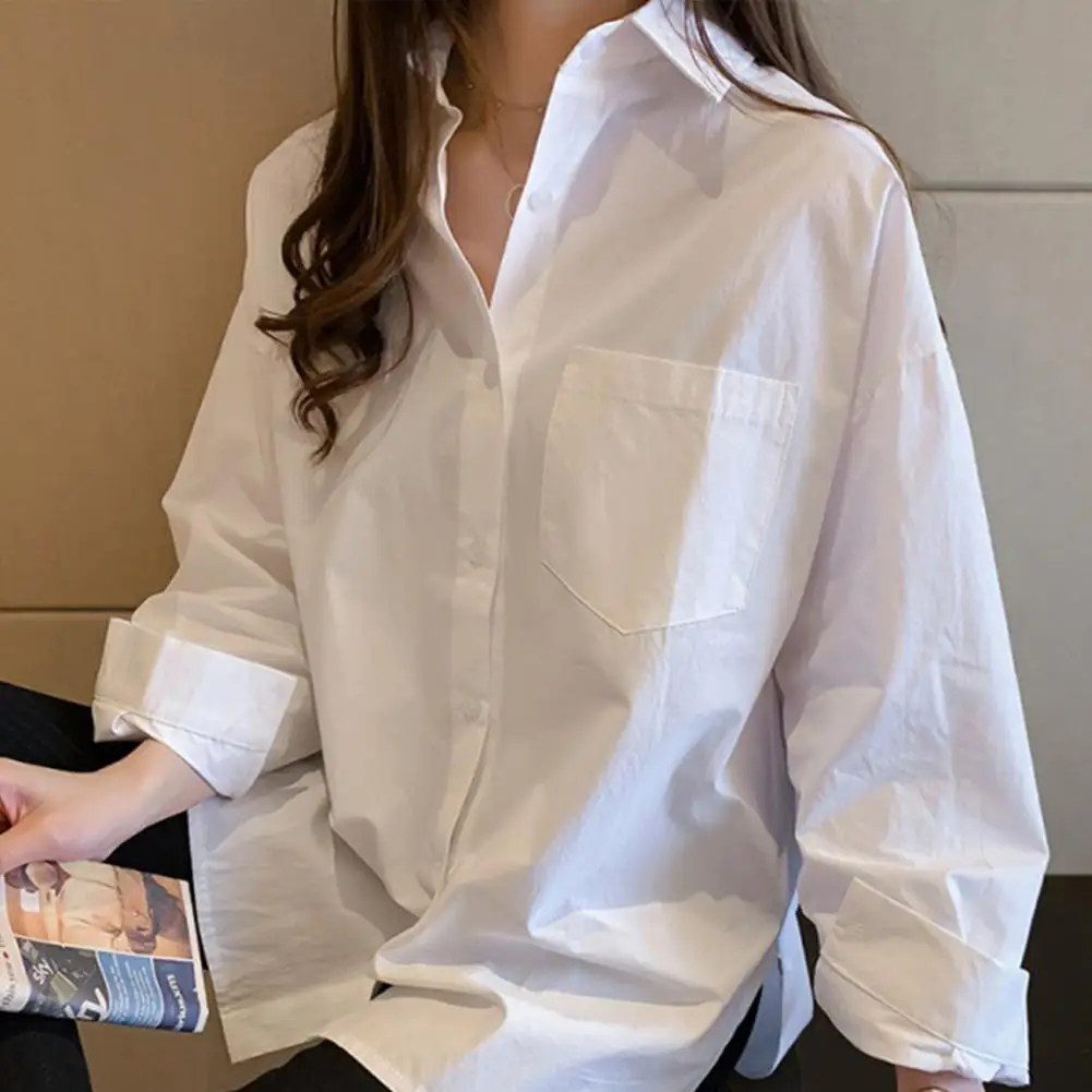 Camisa de botão feminina com bolsos de remendo, blusa de manga comprida, monocromática, casual, elegante, roupa de trabalho para festas