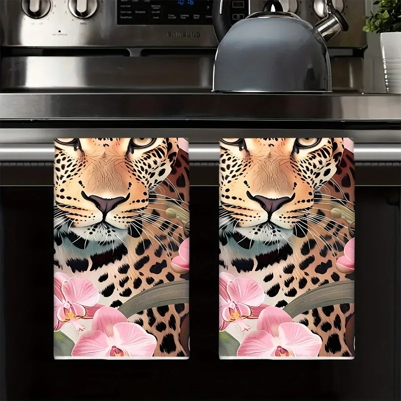 2 Pack Coffee Vibrant Leopard And Tropical Flowers Kitchen Towels Absorbent Quick-Dry Polyester Dish Cloths For Cooking, Baking,