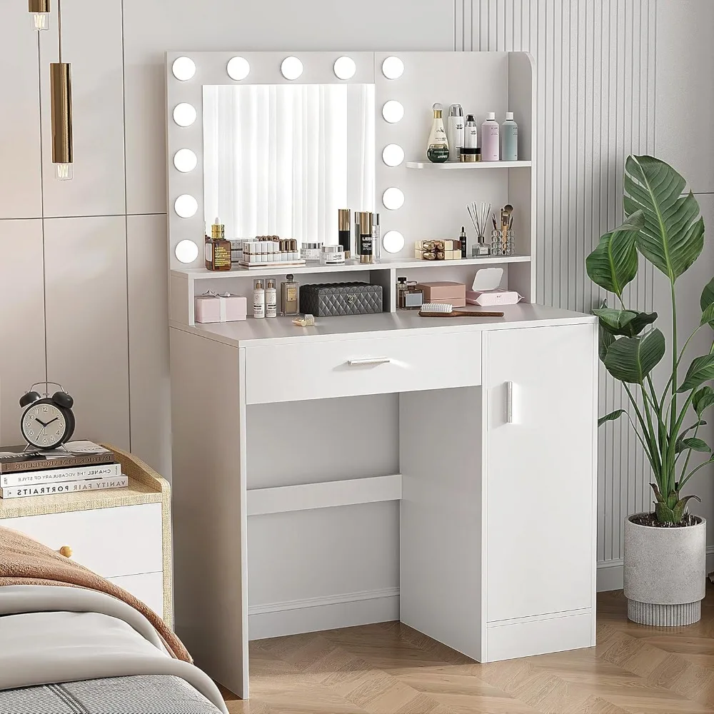 

Vanity Desk with Mirror & Lights, White Makeup Desk with Drawers & Cabinet, 3 Lighting Modes & 10 Brightness, Vanity for Bedroom