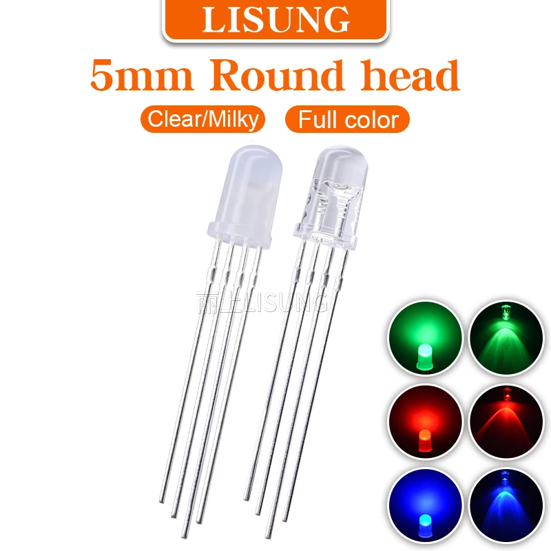 

1000PCS F5 5mm RGB Led Emitting Diode 4-Pin Full-color Milky Water Clear Red Green Blue Common Cathode Anode Colorful Light Lamp