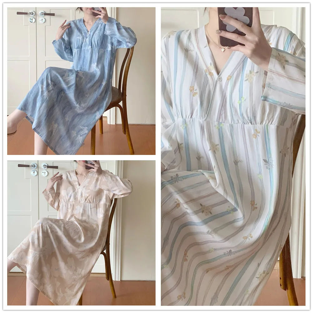 Sexy Viscose Night Dress Long Sleeve Nighties V-Neck Nightgown Nightdress Flower Sleepwear Nightwear