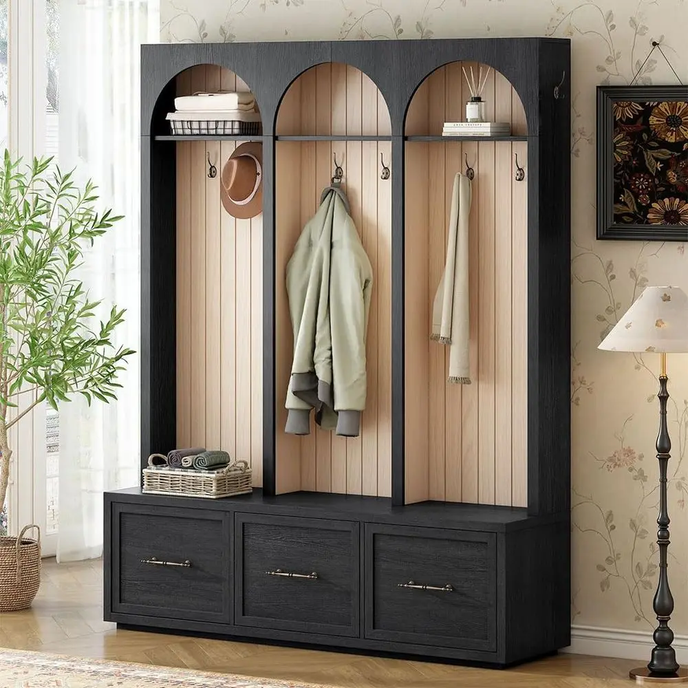 

Wide 59 Boho Wood Shoe Organizer Cabinet with 8 Hooks and 3 Drawers, Ideal for Mudroom, Living Room, Black