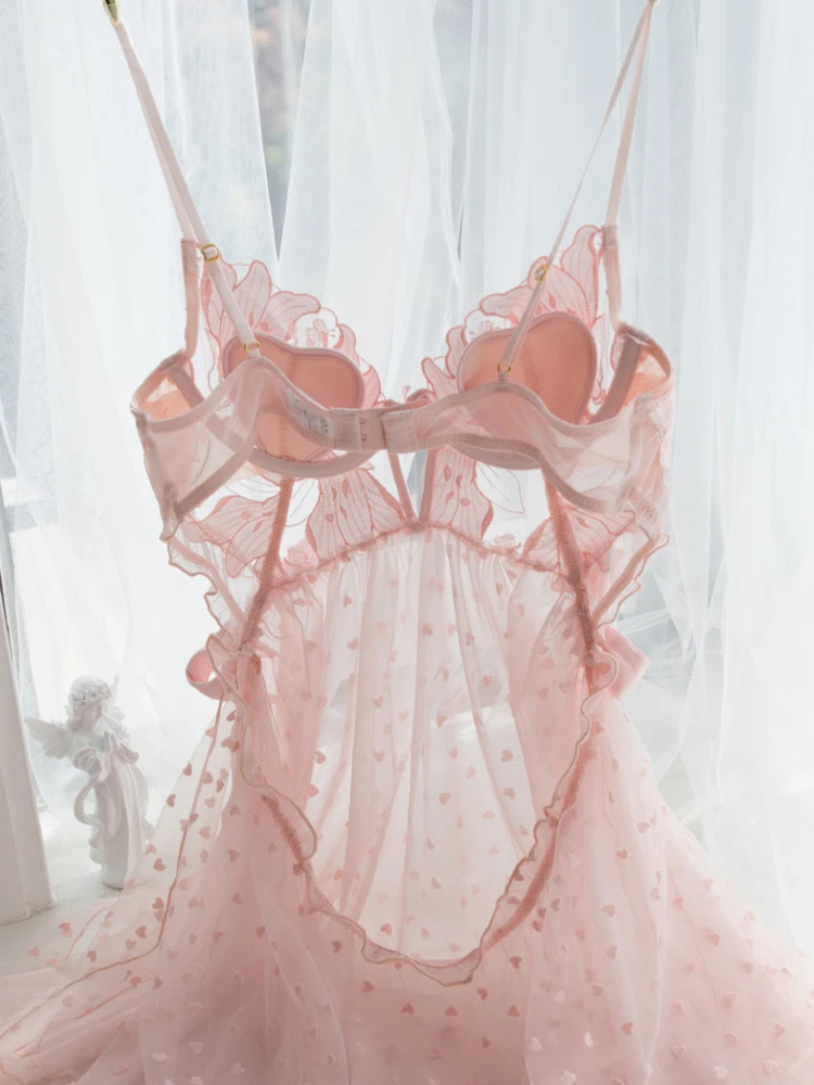 Pink Mesh Floral Embroidery Nightdress Women's Home Clothes Sexy Lingerie Nightgowns with Panty Pajamas Sets Nighty for Ladies