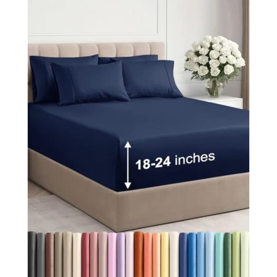 

Extra Deep Sheet Set - 6 Pcs Breathable and Cooling Sheets - Hotel Luxury Bedding for Women Men and Teens - Easy Secure Fit - S