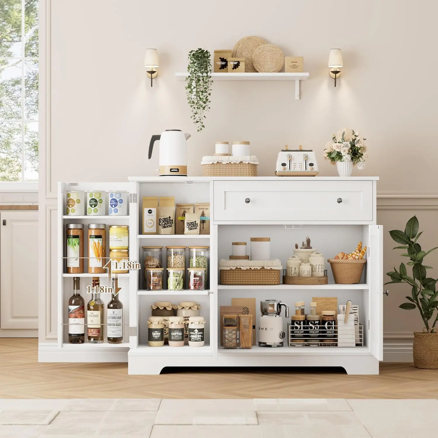 문이 있는 현대적인 흰색 뷔페 캐비닛, 주방, 식당, 거실용 서랍 및 조절 가능한 선반이 있는 수납 사이드보드