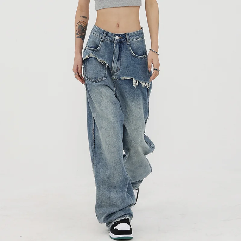 Blue Women Jeans Worn-out High Waist Vintage Straight Baggy Denim Pants Streetwear American 2023 New Fashion Wide Leg Trouser