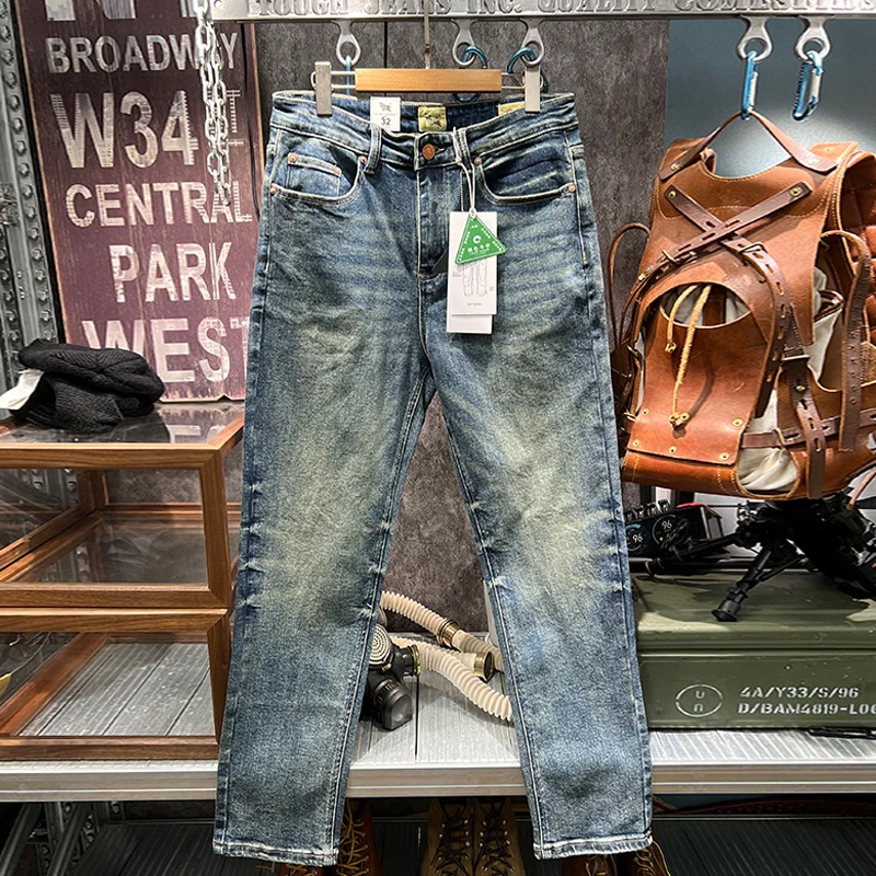 

Американские винтажные джинсовые джинсы премиум-класса для мужчин, осенне-зимние потертые эластичные облегающие прямые брюки высокого качества
