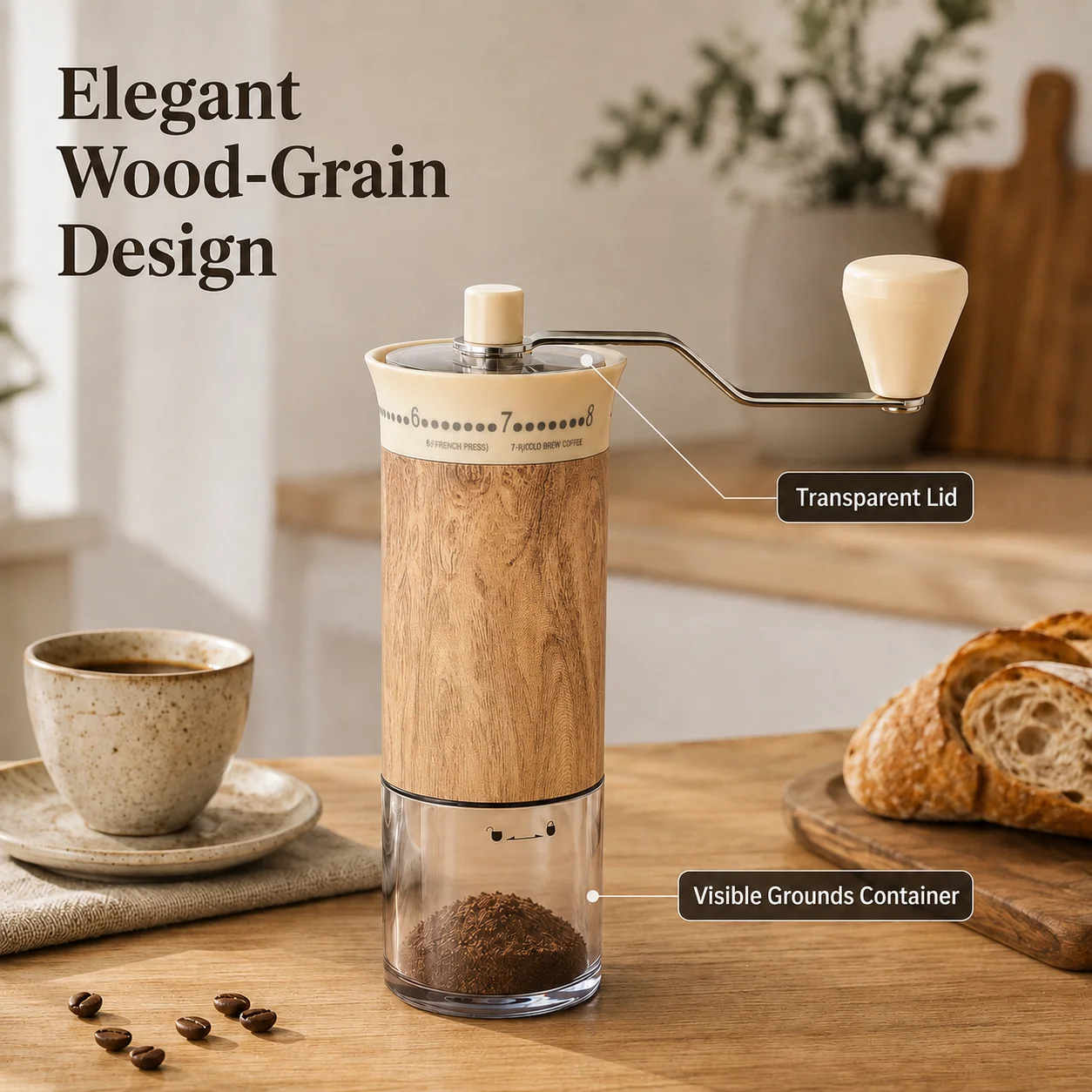 Macinacaffè manuale con impostazioni di macinatura regolabili, macine in ceramica, regolazione esterna, contenitore trasparente per i fondi macinati e spazzola per la pulizia, macinacaffè manuale per