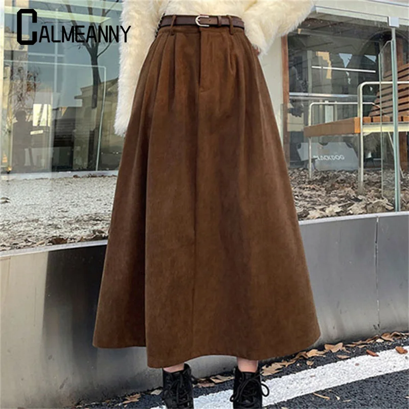 

Korean Edition Women's Long Skirt 2023 Autumn Winter High-waist Corduroy Long Skirt Ladies College Style Pleated A-line Skirts