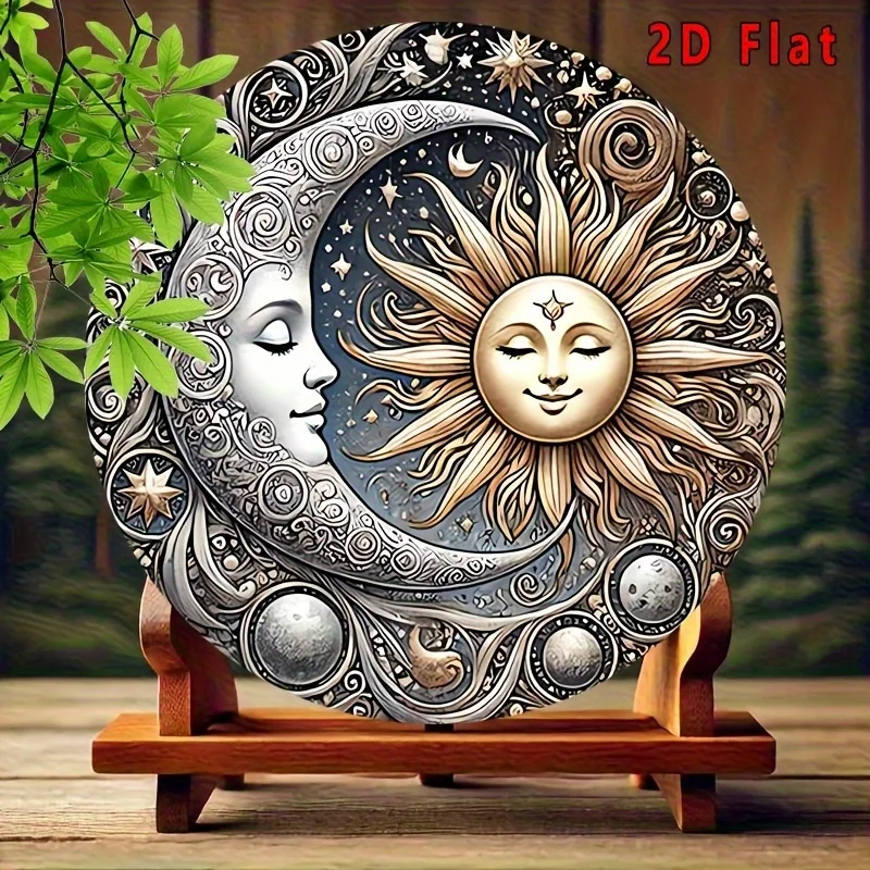 2D Flat, 1 Stück Vintage Celestial Sun & Moon Aluminium-Wandkunst – Rustikales Metallschild mit Planeten-Design, 2D Flat Round Home & Cafe