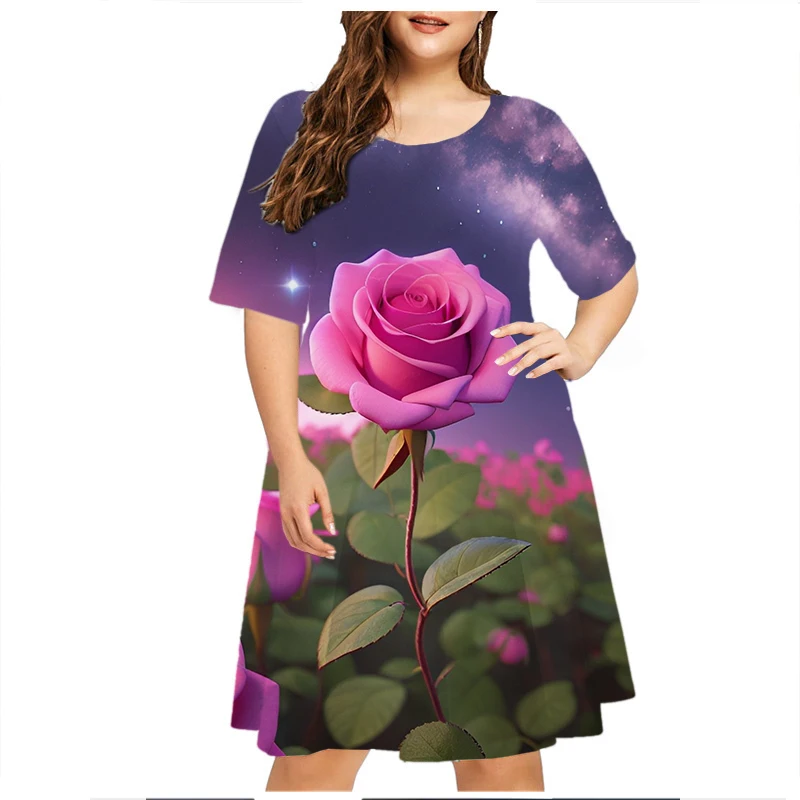 Tie Dye Starry Sky Rose Floral Print Dress Women Fashion Short Sleeve Loose Plus Size Dress Summer Casual Party Mini Dress 6XL