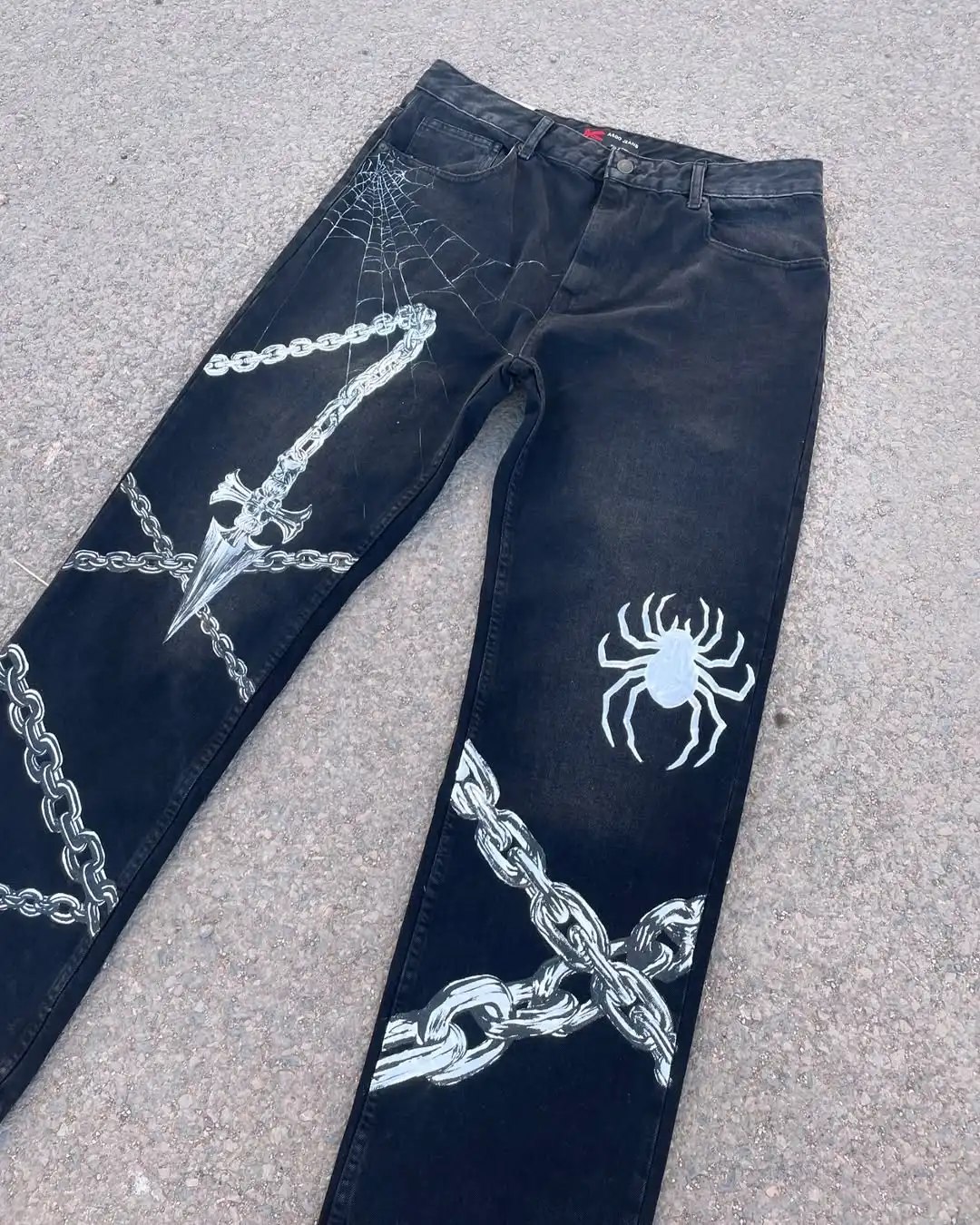 New American Y2K Goth Spider Chain Print Black Jeans Men's Loose Casual Wide Legs Street Hip Hop Rap Fashion Trousers