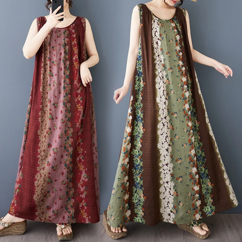 

Новинка: летнее хлопковое платье-халат больших размеров с принтом, длинное, свободное, с круглым вырезом, в полоску, из чистого хлопка, для женщин