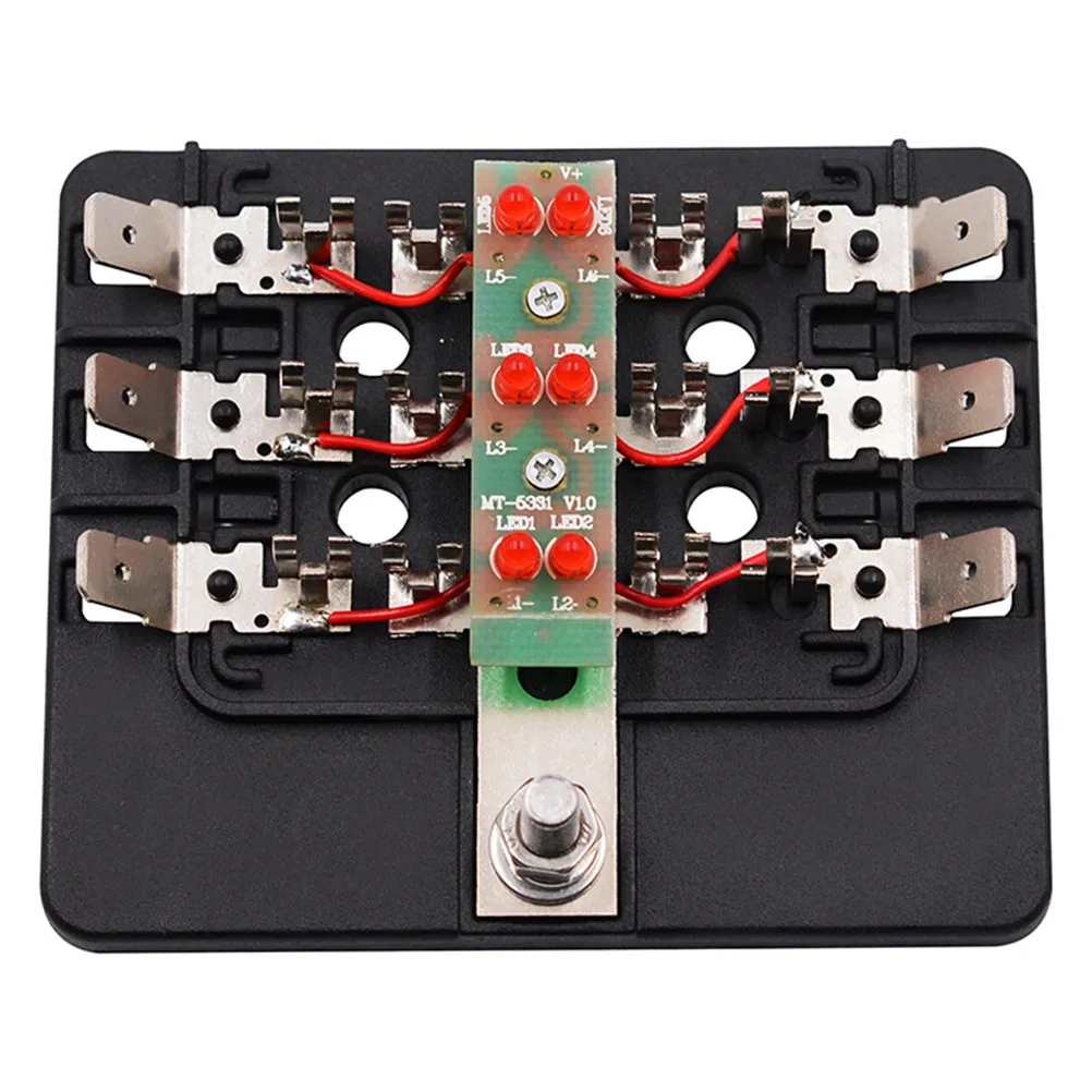 Car Fuse Box Base 6 -30V Black Pbt Fuse Holder with LED Indicator Terminal Block for Rv Car Audio Screw Nut Wiring