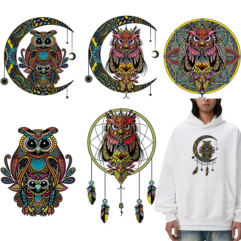 Iron on Patches Ethnic style owl crescent wind chime Heat Transfer Clothes Thermal transfer stickers Decoration Printing