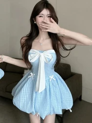 2024 Summer New Korean Edition Pure Desire Sexy Temperament Sweet Bra Bow Puff Dress Princess Bubble Short Skirt