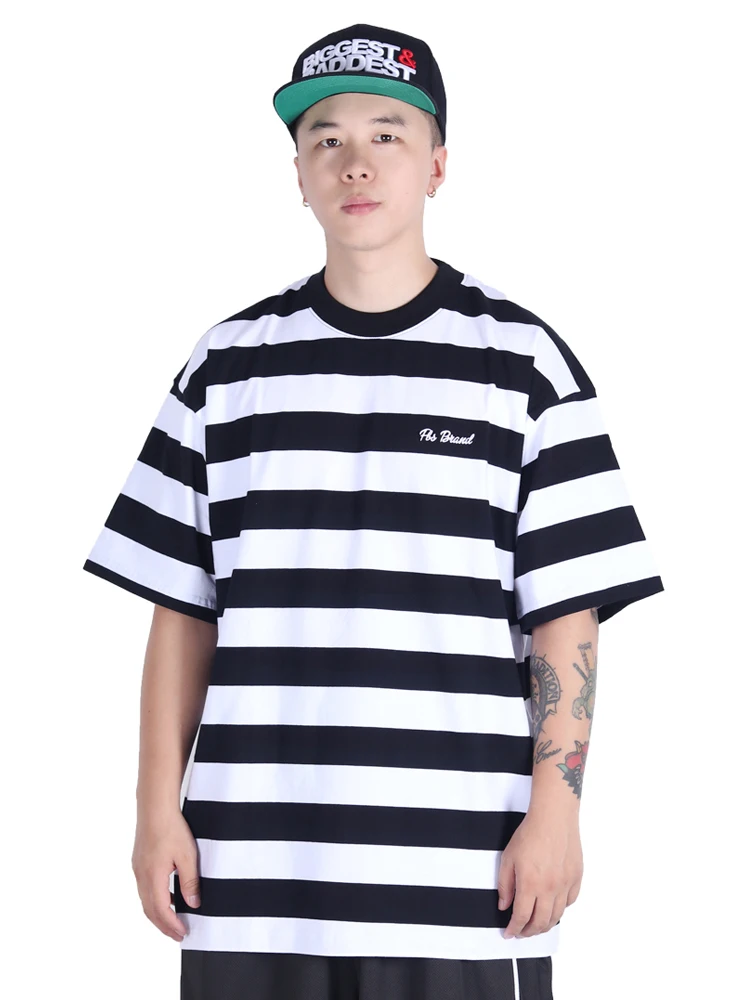 Loose Short Sleeve T-Shirt Striped Hip Hop Street Dance Skateboarding Rap American Style Small Collar Color Block Cotton Tee