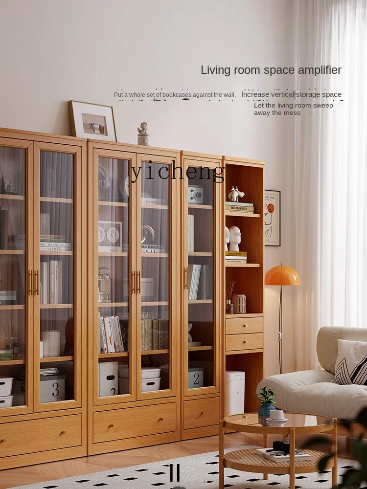 ZC Bookcase Integrated Entire Wall Solid Wood Storage Cabinet with Glass Door Dustproof Floor Display Cabinet Combination