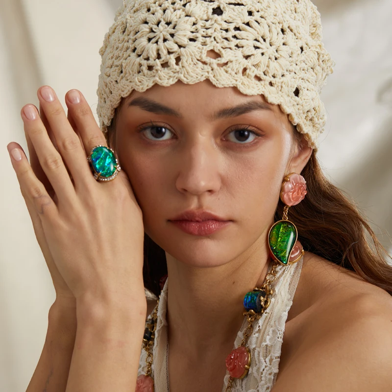 Vintage Oval Blue Green Natural Stone Rings For Women Antique Gold Plated Opal Jewelry Luxury Designer High Quality Trends 2026