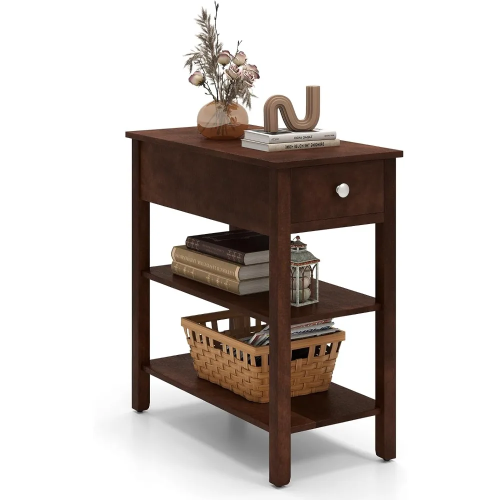 

Узкий торцевой столик, прикроватная тумбочка для дивана в фермерском доме высотой 24,5 дюйма с выдвижным ящиком, полки для хранения, ножки из резинового дерева, трехъярусный ночной столик