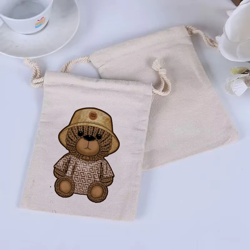 10pcs/Trendy Brown Bear Reusable Cotton Drawstring Gift Bag Wedding Canvas Bundle Pocket Drawstring Bag Gift Bag