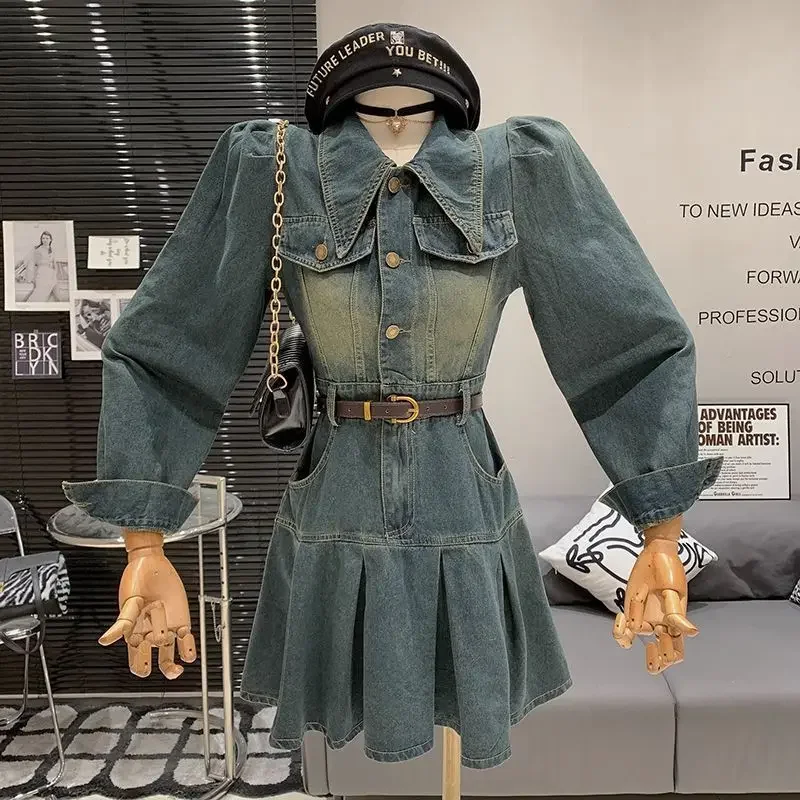 denim dress fall 2024 Qiyulanc Fall Pleated Denim Dresses for Women 2024 Trendy Long Sleeve Turndown Collar Button Down Dresses Casual Loose Jean Dress With Pockets,
