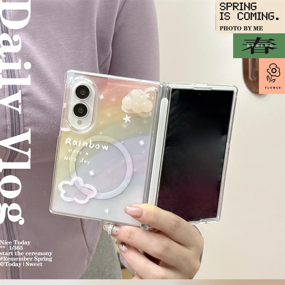 Kawaii Cartoon Pink Rainbow Magnetic Fold Phone Case for Samsung Galaxy Z Fold 8 Ultra Cover Cute For Magsafe Stand Chain Cases