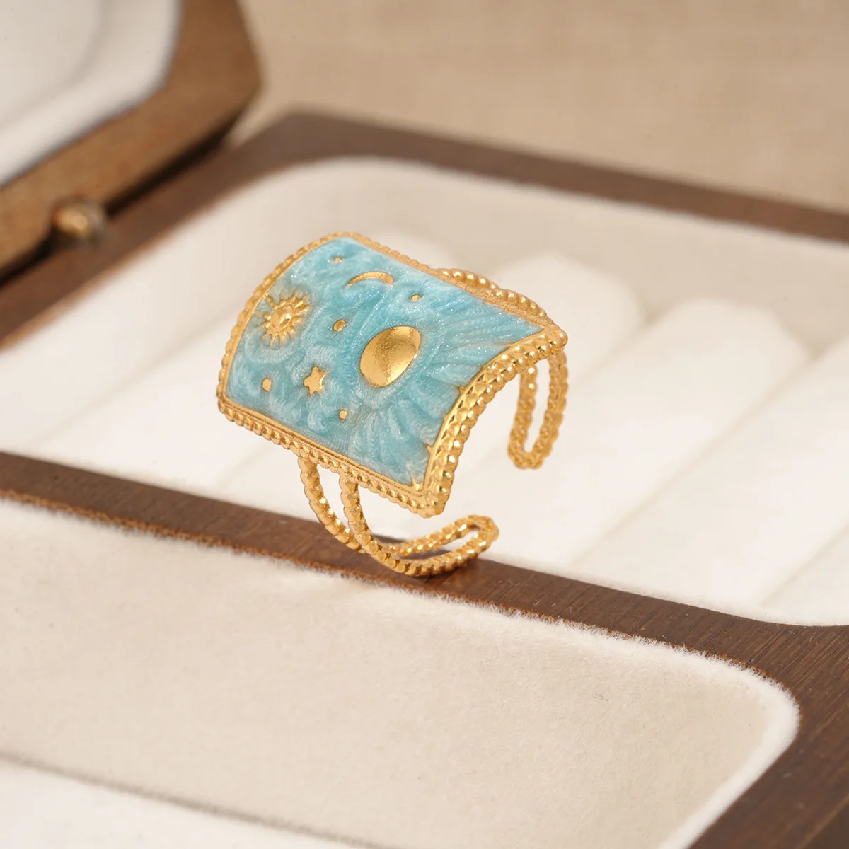 Fashion Boho Ring for Women Sun Moon Colorful Enamel Square Tarot Open Ring Retro Exquisite Daily Wear Jewelry Accessories Gift