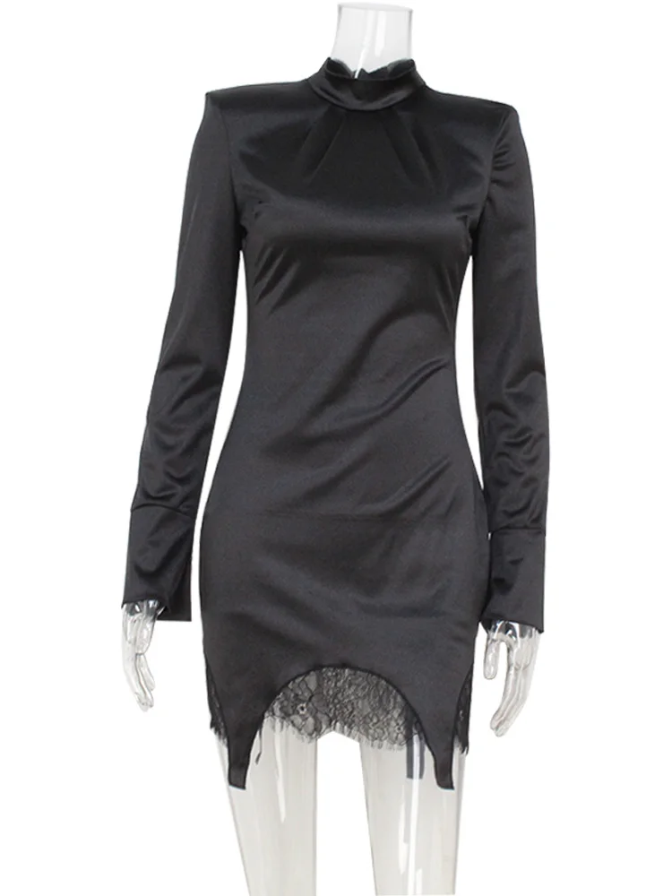 فساتين مُزينة بالدانتيل الساتان للنساء موضة مثيرة ملابس الشارع الصلبة بأكمام طويلة ورقبة سلحفاة فساتين صغيرة للسيدات