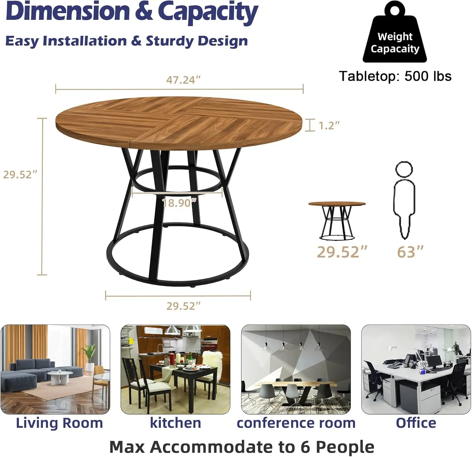 Sthouyn 47” Round Dinner Table For 4 6, Small Circle Dining Room Table With Metal Legs, Modern Farmhouse Rustic Kitchen Table