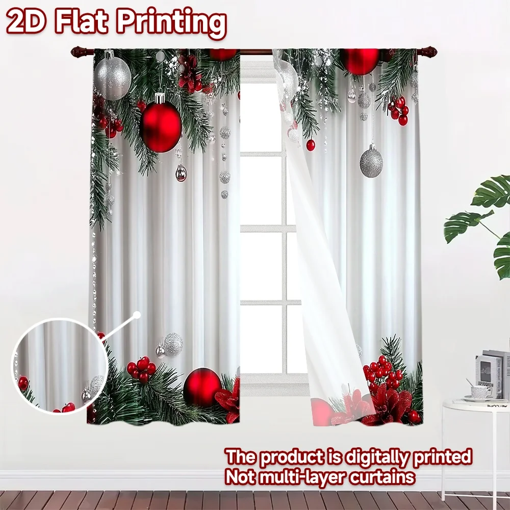 2D flat 2pcs Curtain Retro Country Style Christmas Red Silver Ornaments Digitally printed polyester Festive Curtains Perfect for