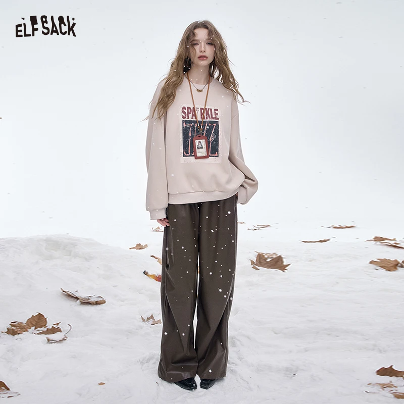 

ELFSACK 2025 Winter New Arrivals Y2K Sweetcore Faux Leather Straight Leg Floor Length Pants For Women