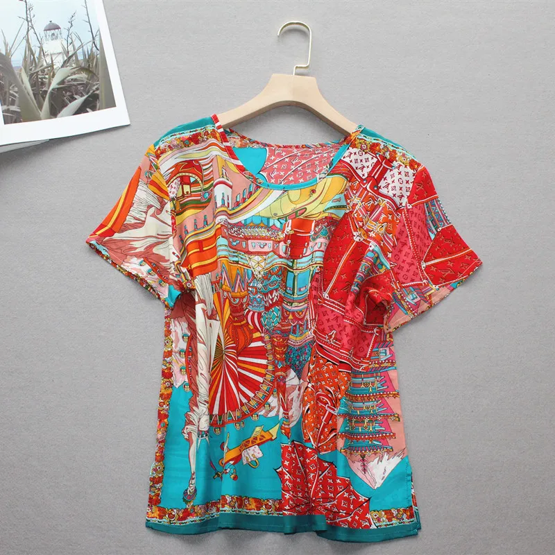 

2023 summer new arrive female 100% silk short-sleeved shirt round neck silk T-shirt loose bottoming shirt