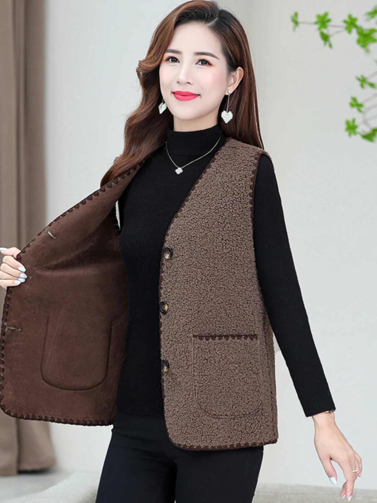 

Осень-зима 2023, бархатный женский жилет из натурального меха ягненка, Jaet ort Sle, V-Ne, полиэфирное волокно на одной пуговице