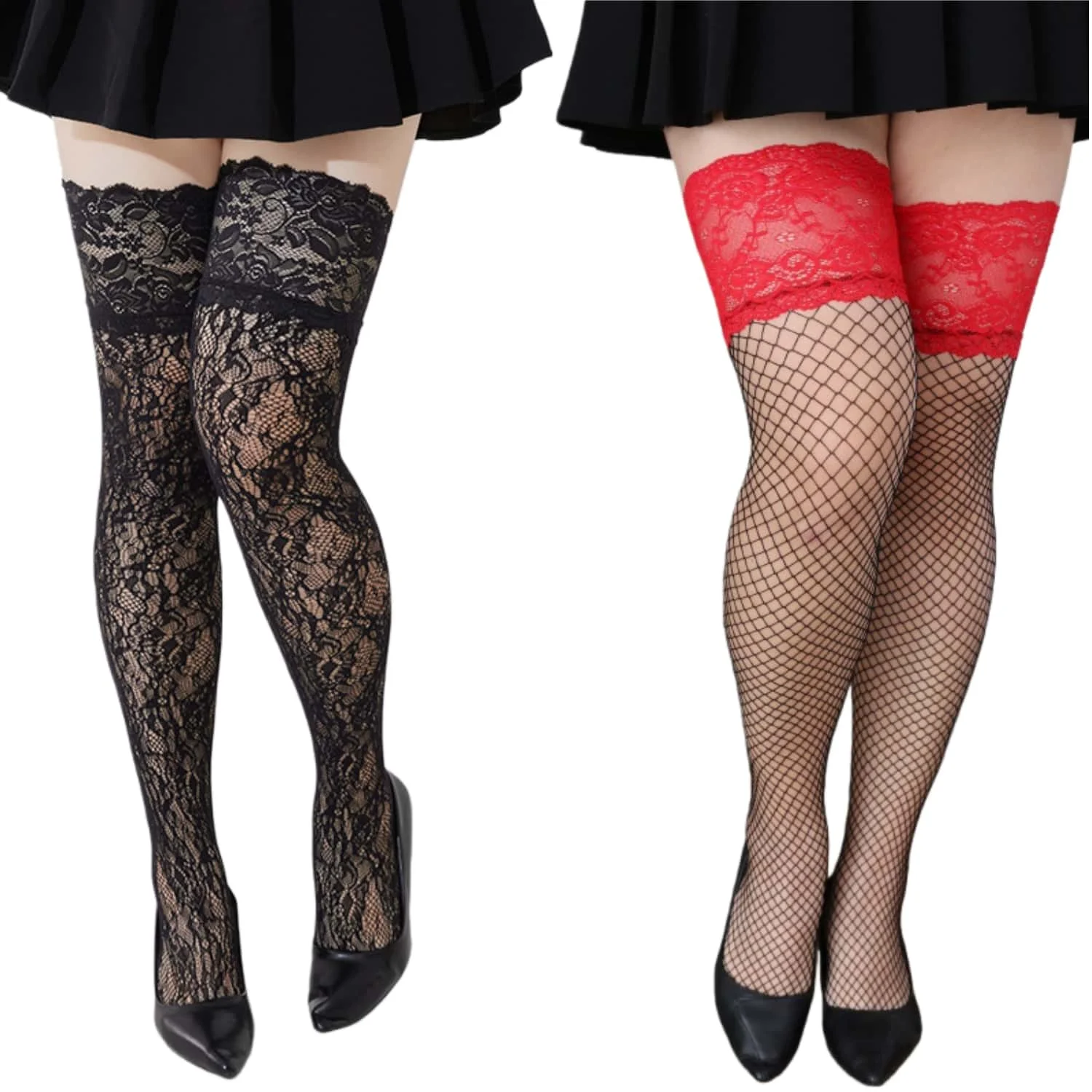 Stoking Jaring Transparan Hitam Ukuran Besar dengan Renda Silikon Anti-Selip, Stoking Seksi Model Fishnet, Stoking Tinggi Selutut, Kaus Kaki Panjang untuk Wanita